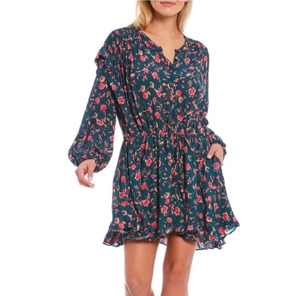 Free People Dresses & Skirts - NWT Free People Flower Fields Floral Longsleeve Mini Dress Size Small Emerald